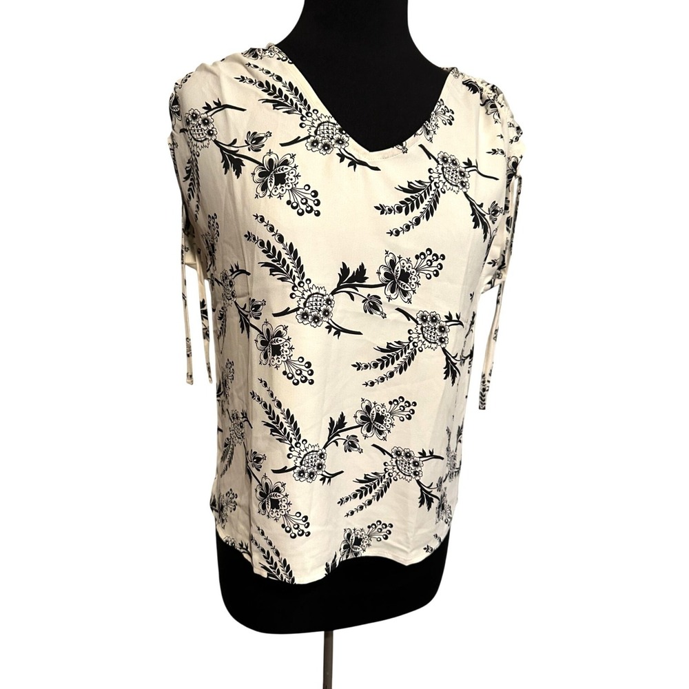 Ann Taylor Women's Blouse – Black & White Floral‎ – Side-Tie Sleeve Size M
